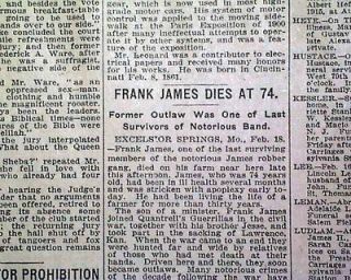 Outlaw Desperado FRANK JAMES Jesse Gang DEATH 1915 New York Times Old