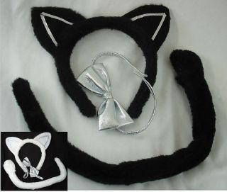 CAT SET #4 White or Black   Tail, Ears & Bow Tie