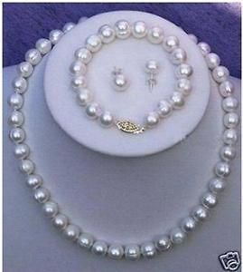 8mm Real White Cultured Pearl Necklace Bracelet Earring Set