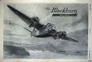 Vintage 1941 Blackburn BOTHA WW2 Trainer Airplane Advert   Artwork