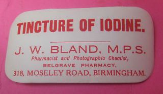 Bland Moseley Road Birmingham Vintage Bottle Label   Tincture Of