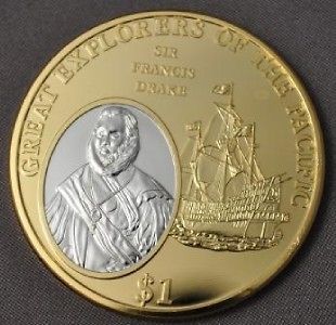 2009 Fiji Large Gold/Rhodium plated $1 Pacific Explorers/Ship  Sir