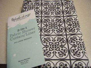 MEDALLION SQUARES SHOWER CURTAIN GREY BLACK WHITE WATER REPEL NEW