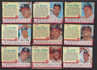 1962 POST CEREAL MILWAUKEE BRAVES LOT (9 DIFFERENT CARDS) GOOD TO VG
