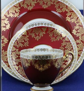 Fine Bone China Red With Gold Leaf 3 Piece Plate Teacup & Saucer Set