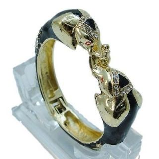 Unique Twin Elephant Bracelet Cuff Rhinestone Crystal Black Enamel