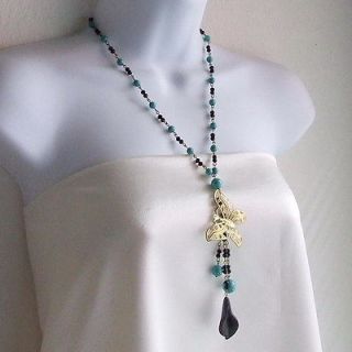 Brass Butterfly Beaded Turquoise Rosary Style Necklace
