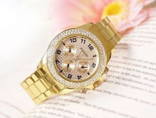 Mens Man Crystal Case New Gift Gold Stainless Steel Quartz Wrist Watch