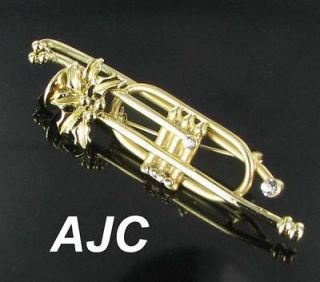 AJC RHINESTONE Christmas horn holly music brooch pin