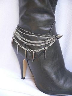 NEW WOMEN SILVER PEWTER CHAINS BOOT TWO SIDES SPIKES STRAP WESTERN
