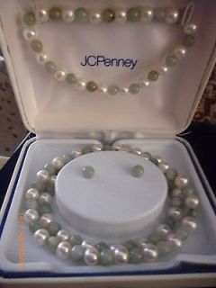 Freshwater pearl green jade bracelet necklace set with earings