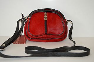 NWT $250 VALENTINA ITALY Italian Leather Red Cowhide Calf Fur Handbag