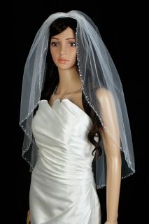 Bridal Veil Wedding 1 Tier Ivory Fingertip Sequin Clear Beaded Trim