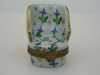 LIMOGES FRANCE TRINKET BOX   CHAIR W/ BLUE GREEN GOLD ACCENTS   SIGNED