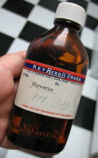 Old FULL Brown Brockway SaniGlas Bottle Glycerin KEY REXALL DRUGS