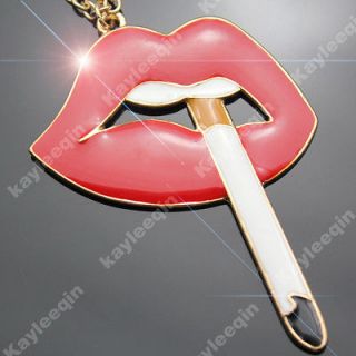 Woman Red Lips Cigarette Butts Style Gold Chain Necklace Goth Punk Emo