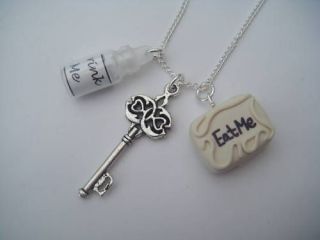 ALICE IN WONDERLAND DRINK ME EAT ME & KEY CHARMS SILVER NECKLACE