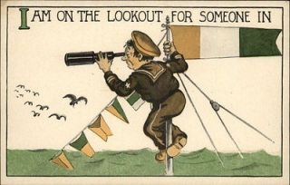 Navy Semaphore Flags Man w Telescope Comic c1910 Postcard