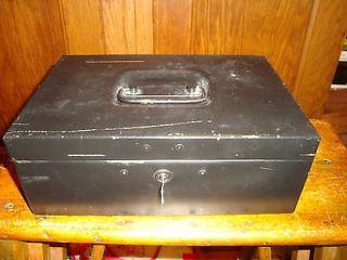 Vintage Metal Tin Cash Strong Box Black with Key