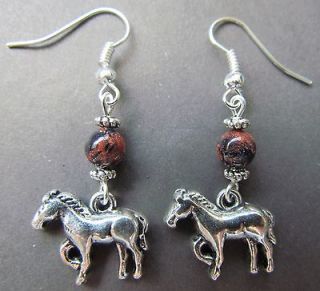 horse earrings with marble goldstone beads   farm animal   tibetan