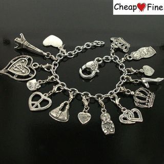 Silver Mix Heart Crown Matryoshka Charm Stainless Steel Chain Bracelet