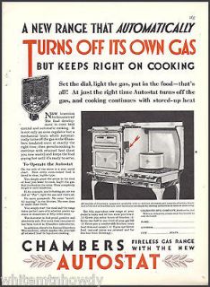 1928 CHAMBERS Autostat Gas Range Stove AD Antique Kitchen Appliance
