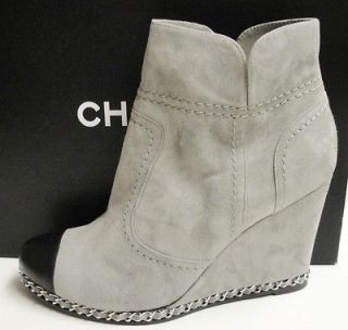 CHANEL CC Logo Suede Wedge Chain Detail Ankle Short Booties Boots