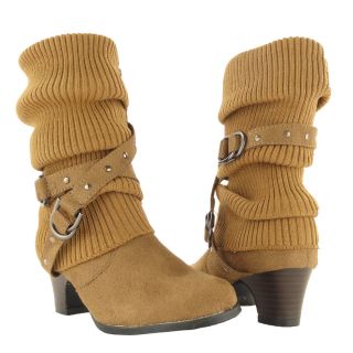 Girls Ruched Mid Calf Faux Suede Knitted Fabric High Heel Boots Tan