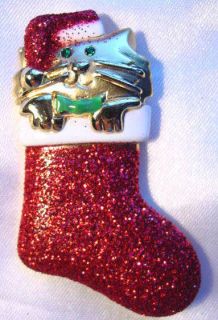 AJC Vintage CAT in a RED GLITTER Christmas Stocking PIN/Brooch,fjt