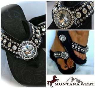 Montana West NEW STYLE! Western Bling Flip Flop Wedge Jeweled Black