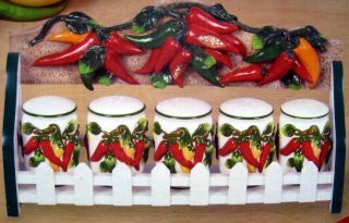 Yellow Chili Wall / Table Top Spice Rack With 5 Jars Chilis Chillis