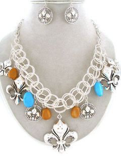Chunky Silver Fleur De Lis Orange & Turquoise Stone Charm Fashion