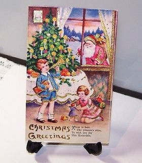 Vtg German CHRISTMAS Postcard PINK ROBE SANTA TREE Toys Glitter