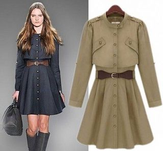 VTG Ladies Fashion Military Slim Belted Fitted Flared Skirted Trench