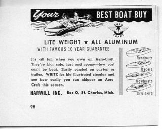 1950 Vintage Ad Aero Craft Lite Weight Aluminum Boats Harwill Inc St