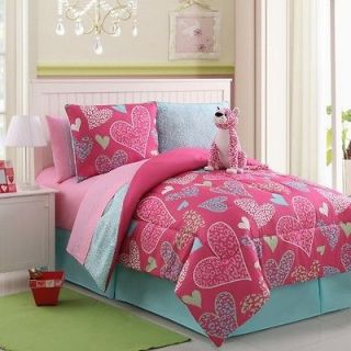 9pc Pink Heart w/Leopard Print Kids Reversible Comforter Set Twin