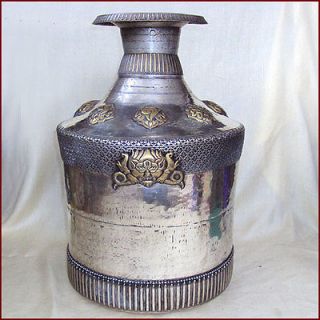 VERY LARGE SILVER PLATED COPPER WATER POT WITH 8 BRASS AUSPICIOUS