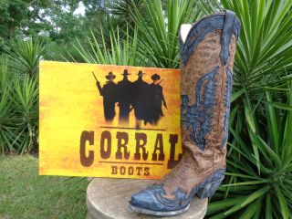 Corral Cowgirl Boots Vintage Tan & Blue Tall Top Eagle Overlay R2514