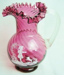 Cranberry Glass Mary Gregory Hand Blown Ruffle Pitcher Girl with Hat