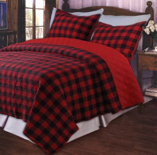 WESTERN RED PLAID Twin Quilt Set   LODGE CABIN BUFFALO CHECK COVERLET