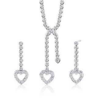 Silver Heart Lariat Tennis Necklace Earrings Set White Cubic Zirconia