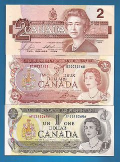 of CANADA 1973 issue ONE + 1974 1986 TWO dollar notes bills crisp UNC