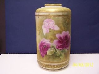 Nippon 12 Cylinder Vase With Large Roses and Gold