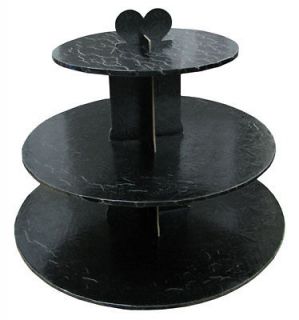 CUPCAKE Cake STAND 3 tier CARDBOARD foil covered Black, Silver, White