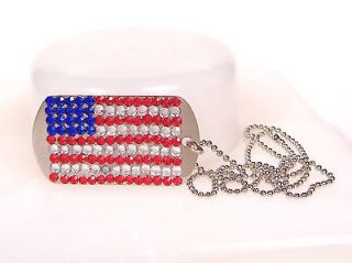 BULK Crystal Rhinestones American Flag Necklace USA Patriotic Dog Tag