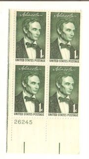 Abraham Lincoln BLO​CK OF 4 POSTAGE STAMPS PLATE NUMBER SELVAGE~1