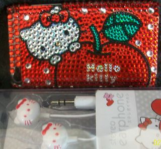 HELLO KITTY IPOD Touch 4g Case Cover Earbuds Rhinestone Red Apple