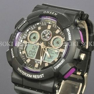 New OHSEN Purple Anlaog Digital Mens Sport Quartz Rubber Strap Watch
