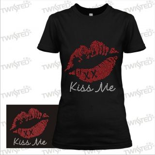 RHINESTONE KISS ME RED LIPS DIAMANTE T SHIRT   LADIES ADULT SIZE 10 16