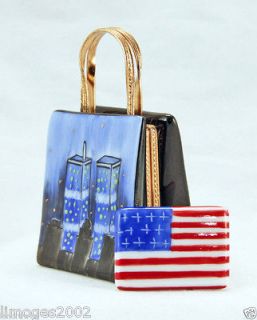 CENTER 911 TWIN TOWERS FRENCH LIMOGES BOX BAG NY CITY &AMERICAN FLAG
